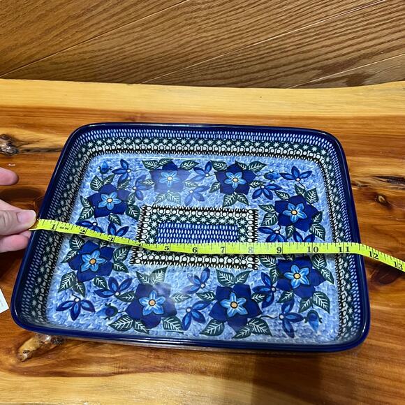 Polish Pottery UNIKAT Bakeware Handmade #1864 Blue Floral Rectangular - Picture 3 of 10